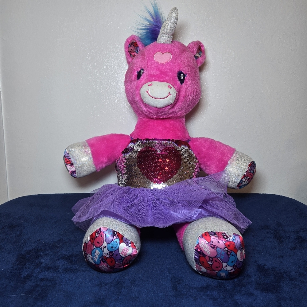 Build A Bear 18" Hot Pink Candy Hearts Unicorn Plushbwith Sequin Tutu Outfit '18